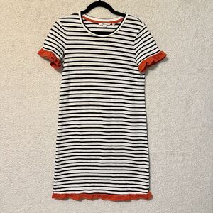 ฺBoden Emily Stripe Ruffle Hem Knit Shift Dress Short Sleeve White Blue Women 6R